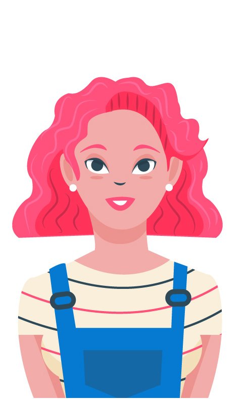 Avatar d'une femme aux cheveux rouges courts et portant une salopette bleue